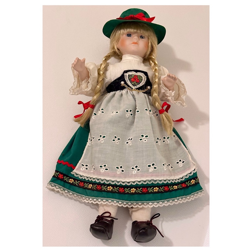 Vintage Porcelain Doll 12” Blonde Braids Alpine Dirndl Folk Dress | Collectible